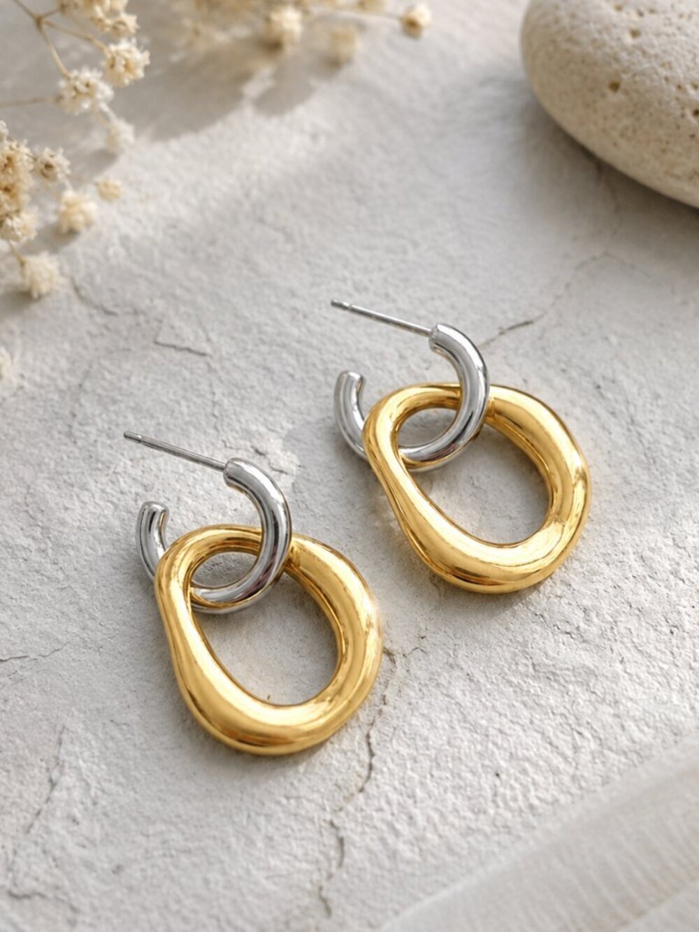 Two Tone Convertible Hoop Earrings 18K Gold Plated 316L SS 2in1 Old Money 1.06"